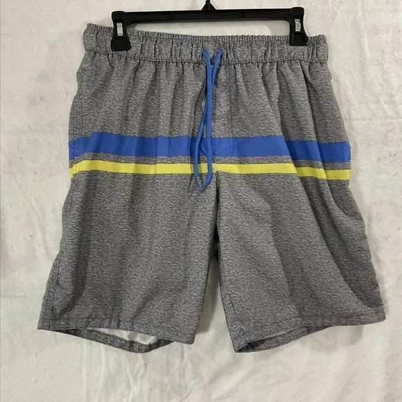 Dream Wave Swim Shorts Mens Medium Gray Striped Elastic Waist Mesh Lined Pockets