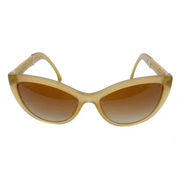 Chanel 5409-A Beige Cat Eye Sunglasses w/ Raffia Braid Temples & Case