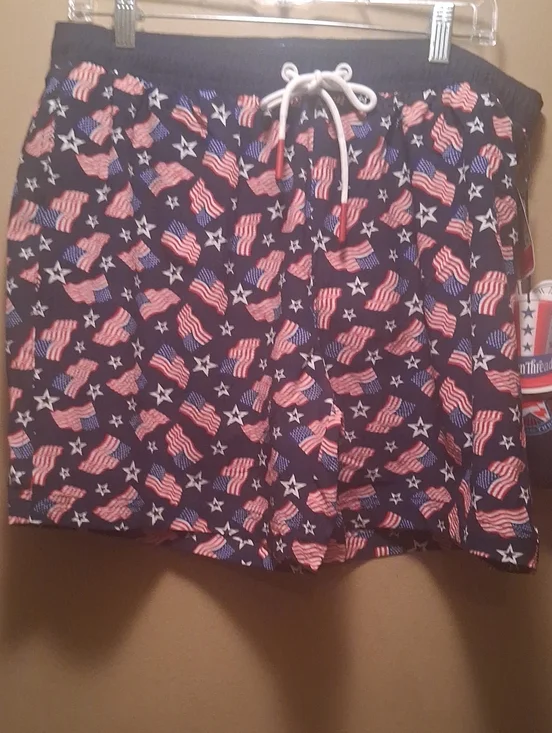 Broken Threads Patriotic Flag Print Swim Trunks-Navy, Red, White W Can Cooler L
