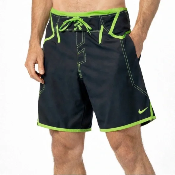 Nike Board Shorts Black and Green Lace Front Side Zip Pocket Men's 36