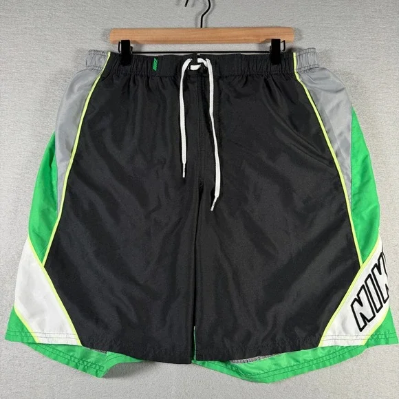 Nike Mens XL Swim Trunks Black Green Colorblock Board Shorts TESS0242 Logo