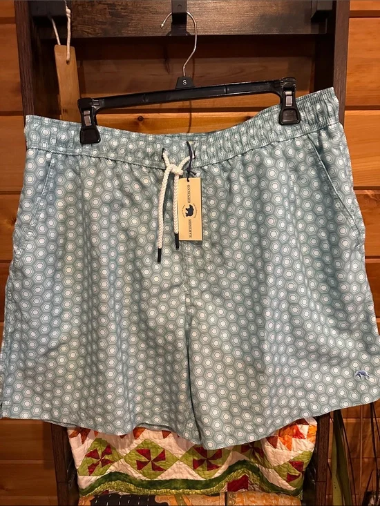 Men's Light Teal Geometric Swim Trunks with Drawstring