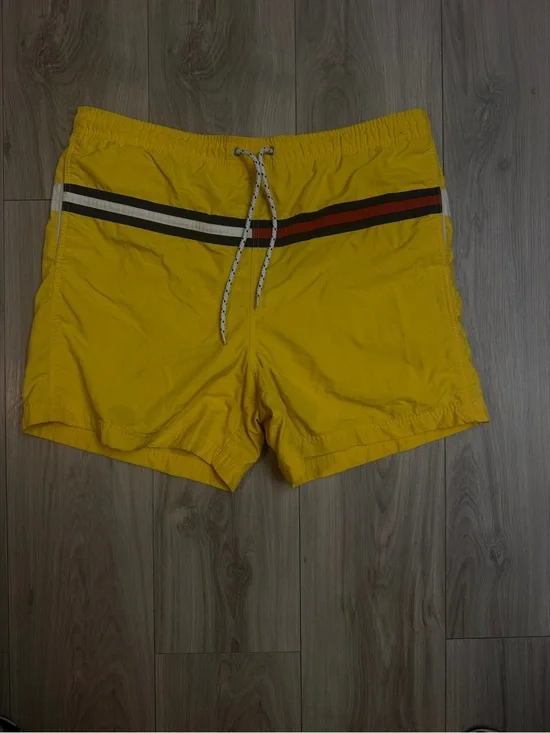 Tommy Hilfiger Yellow Swim Trunks with Black & Red Waist Stripes VTG