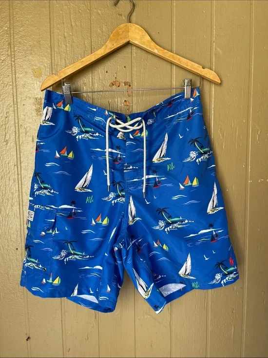 Polo by Ralph Lauren Blue Nautical Sailboat Swim Trunk Shorts in Blue Size L