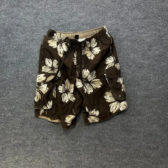 Arizona Jean Cargo Board Shorts Men's Brown Hibiscus Floral Swim Trunks - Large