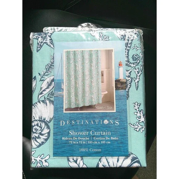NEW  Destinations 100% Cotton Shower Curtain called Seashell Toile 72 X 72