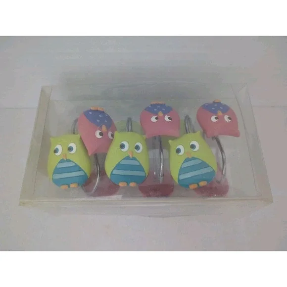 Mainstays‎ Whooty Hoot Set of 12 Pink And Green Owl Shower Curtain Hooks New