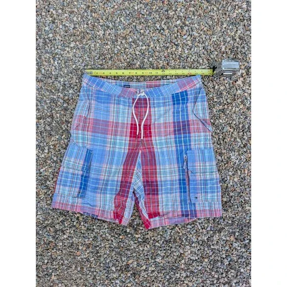 Vintage POLO Ralph Lauren Swim Trunks Board Cargo Shorts Plaid 36 Blue Red Pink