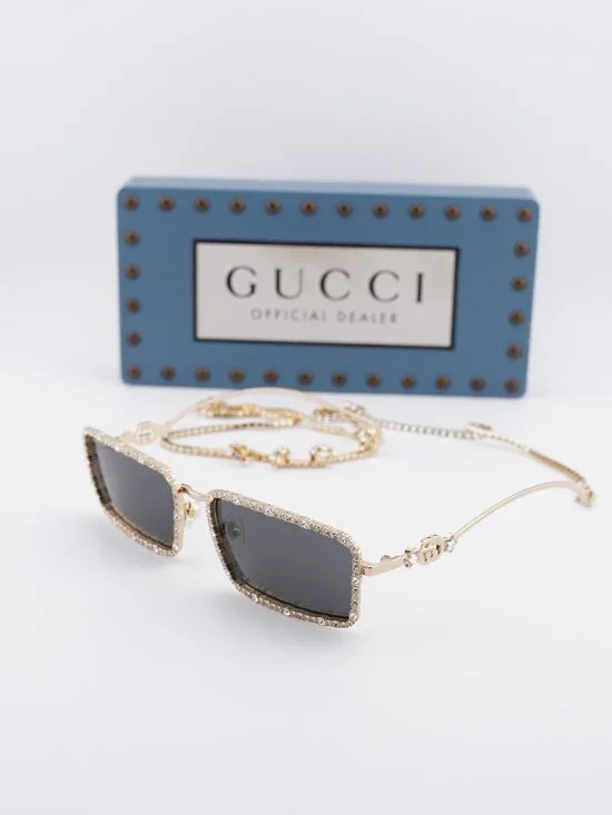 Gucci GG1568S 001 Rectangle Sunglasses - Gold with Gold Chain/Grey