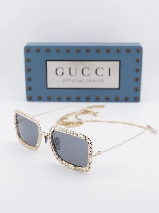 Gucci GG1112S 001 Square Sunglasses - Gold with Gold Chain/Grey