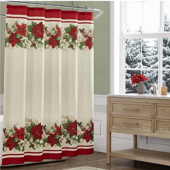 Red and White, 70 Inches x 72 Inches Christmas, Poinsettias Shower Curtain