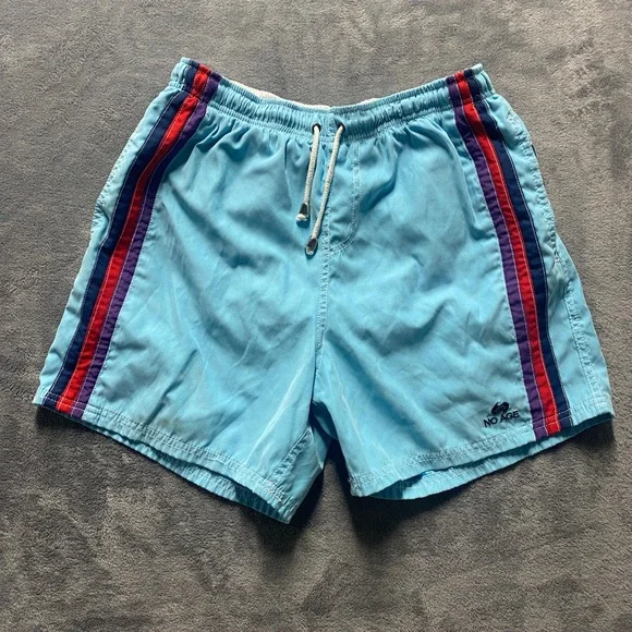 No Age Swim Trunks Mens XL Light Blue Striped Board Shorts Retro Mesh Lined