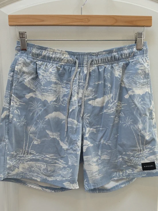 Rip Curl Light Blue and White Palm Print Swim Trunks