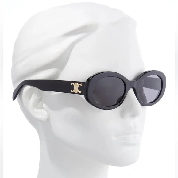 Celine 52mm Triomphe Oval Sunglasses in Shiny Solid Black Smoke