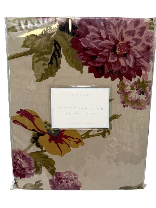 Pottery Barn Shower Curtain Hazel Floral 100% Cotton Tan Pink NEW