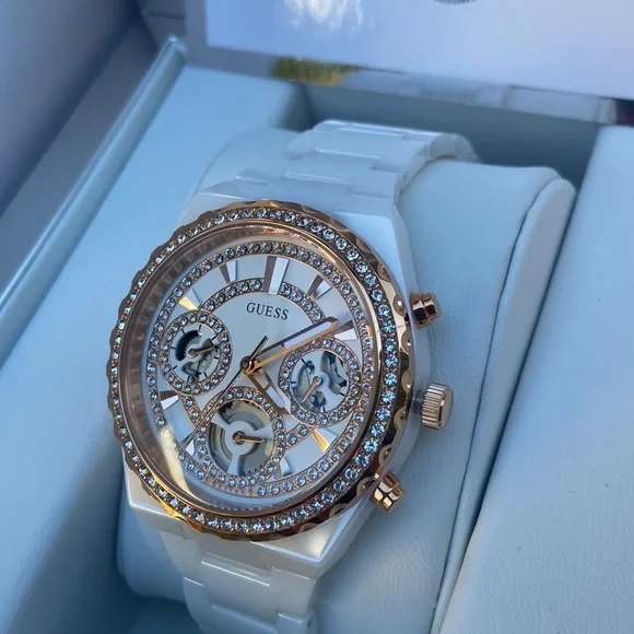New GUESS Rose Gold-Tone and White Ceramic Multifunction Watch