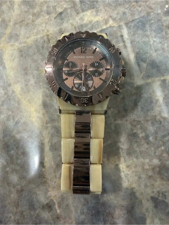 Michael Kors Rose Gold Dial Chronograph Watch with Cream Bracelet