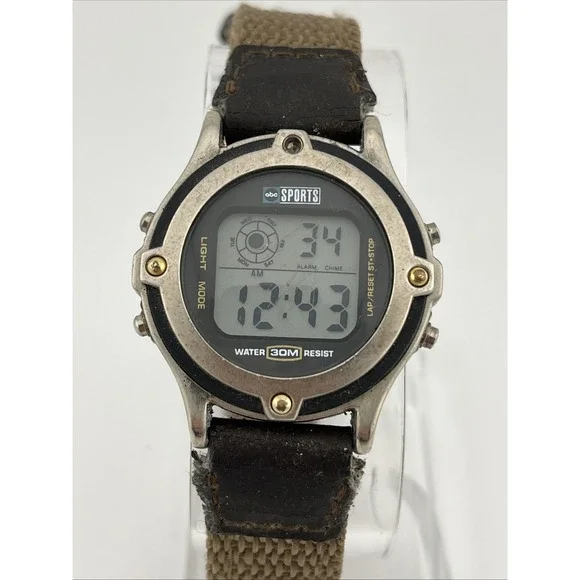Vintage ABC Sports Watch Women 33mm Case Brown Nylon Band-‎ New Battery