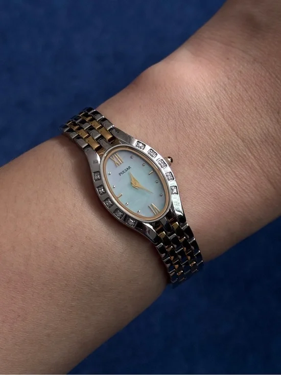 Vintage Pulsar Diamond Gemstone Mother Of Pearl silver and gold-tone Wrist Watch