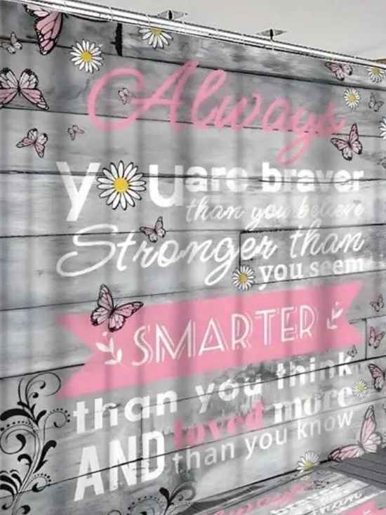 5pc Pink & White 'Always' Motivational Shower Curtain w/hooks Mats Toilet Lid Co