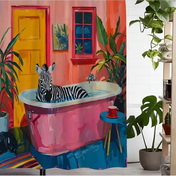 Vintage Bathtub Zebra Novelty Shower Curtain w Bonus Hooks