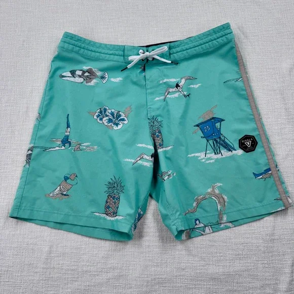 Vissla Board Shorts Mens 36 Teal Beach Print Coconut Stretch‎ Trunks M1104HEL