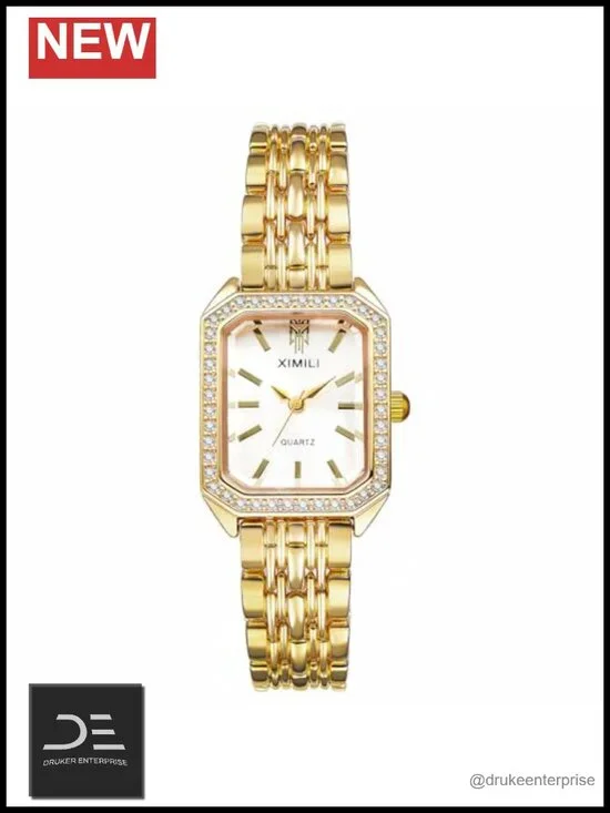 Square Watches for Women: Rhinestone Gold Stainless Steel Adjustable Band