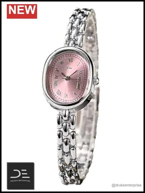 Elegant Oval Quartz Analog Wristwatch with Metal Link Band, Roman Numeral Dial,
