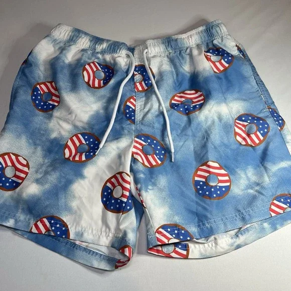 PATRIOTIC MEDIUM 32-34 4TH OF JULY USA DONUTS BLUE SWIMMING SWIM‎ TRUNK SHORTS M