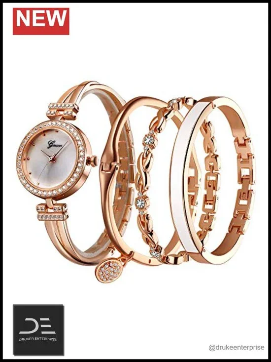 Four-Piece Bangle Analog Quartz Wrist Watch Set with Crystal Pendant