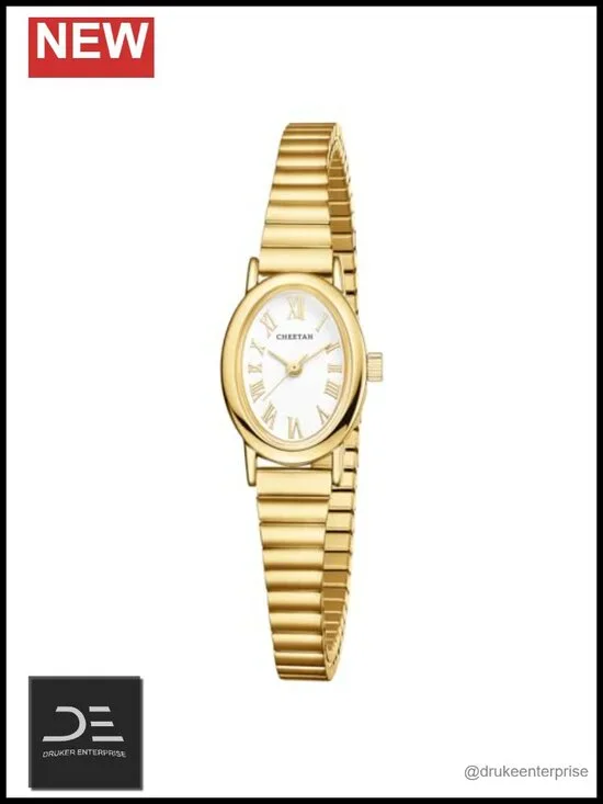Dainty Gold Watches with Stainless Steel Expansion Band, Small Oval Case, Roman