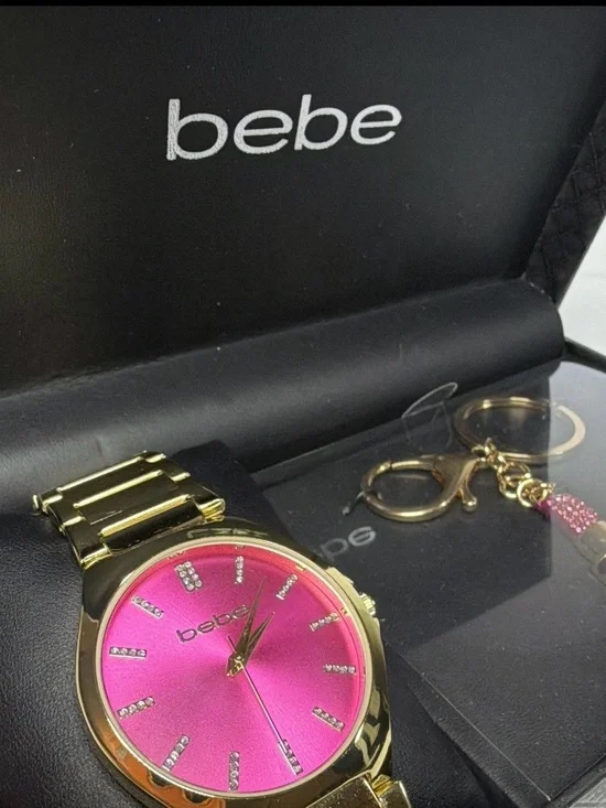 bebe Gold-Tone Watch with Pink Dial and Keychain Charm
