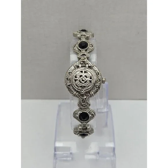 Cassani Womens Hidden Dial Bracelet Watch Black Silver Tone Quartz New Battery