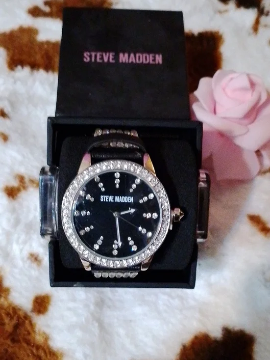 Steve Madden Black and Silver Crystal-Accent Women's Watch