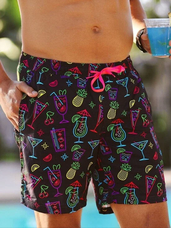 Tipsy Elvex Men's Black Neon Cocktail Print Swim Shorts 7.5 Inseam Size Large NW