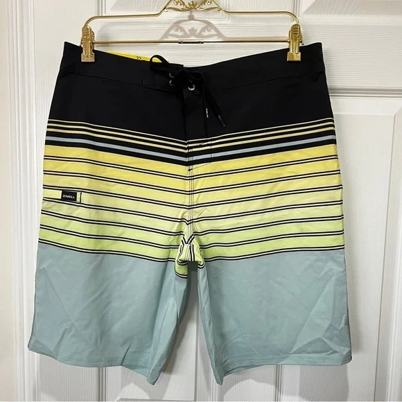O'Neill Boardshort Swim‎ Shorts Men's Size 32 Striped Black Teal Green Unlined
