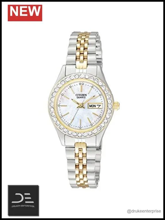 Ladies' Dress Quartz Stainless Steel Bracelet with Crystals Day Date