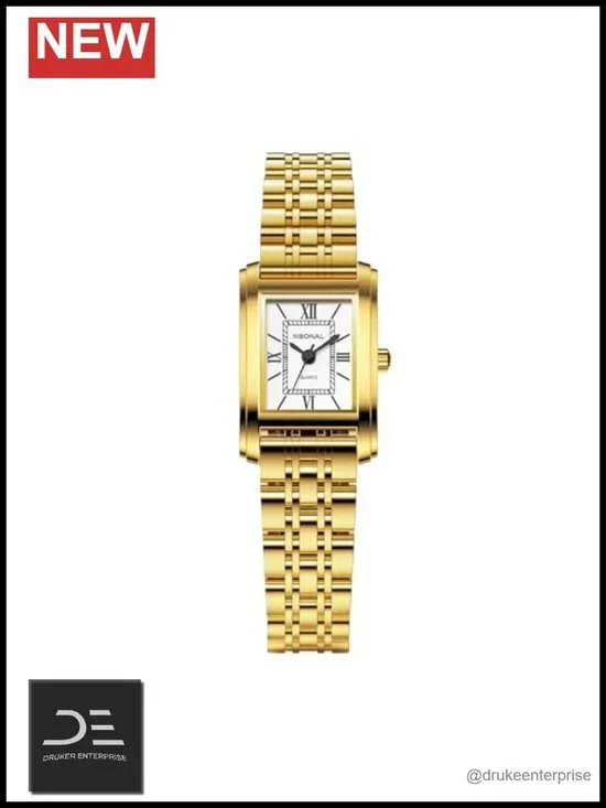 Vintage Rectangle Wrist Watch with Roman Dial, Quartz Movement, Gold Stainless