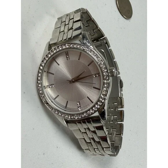 Silver Tone Crystal Bezel Quartz Watch 38mm