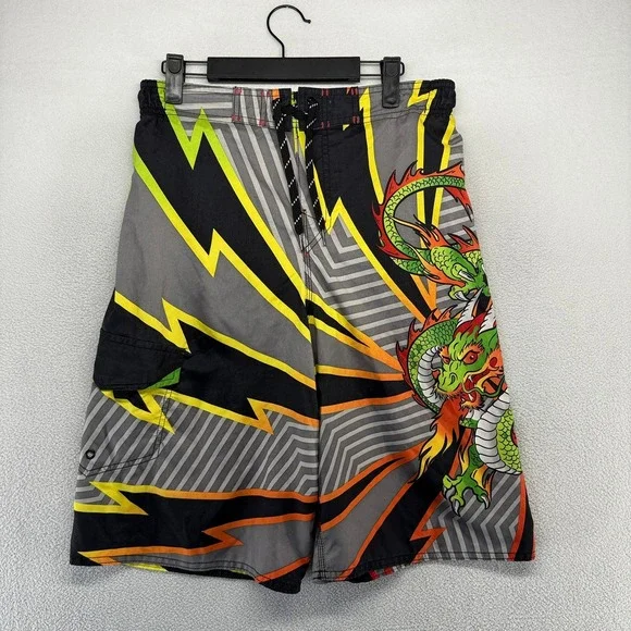 Vintage Joe Boxer Board Shorts Mens Small Gray Dragon Swim Y2K Surf Baggy 11