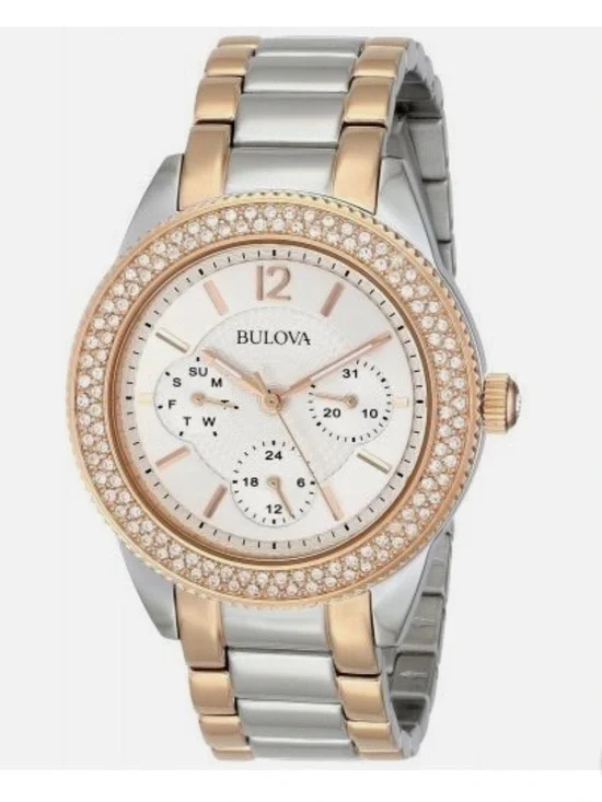 Bulova Two-Tone Rose Gold and Silver Crystal Bezel Women's Watch