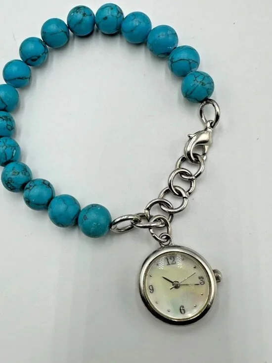 Faux Turquoise Band Beaded Watch Women Mother of Pearl Dial Works  7.75 Inch