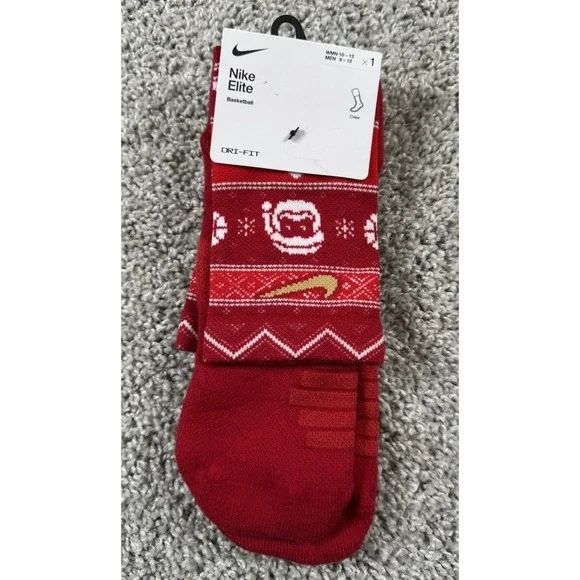 NEW Nike Elite‎ Basketball Dri Fit Ugly Christmas Crew Socks Red Men 8-12