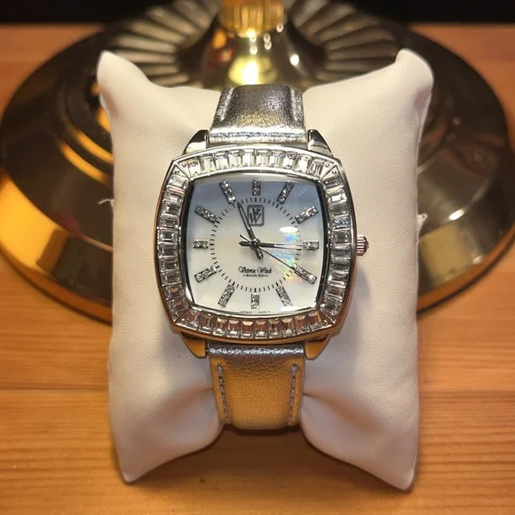 Victoria Wieck Watch Women Silver Tone Pave Bezel Leather Band Watch