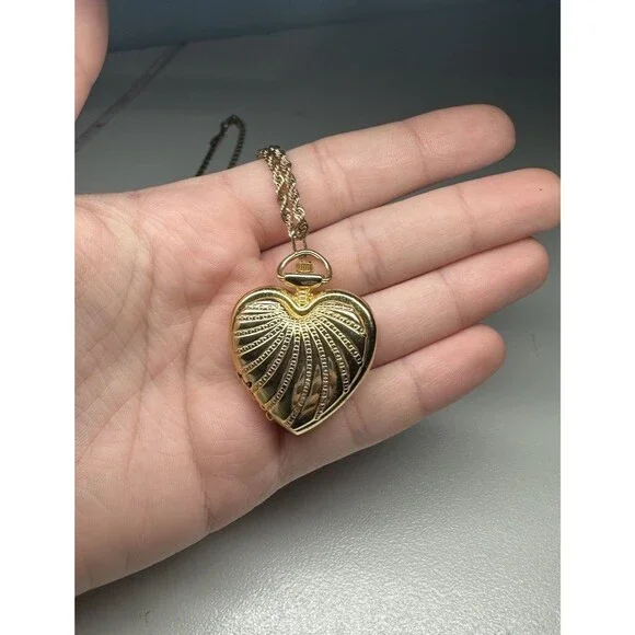 Futura Women's Small Pocket Watch / Necklace Watch Gold Tone Quartz Heart Shape