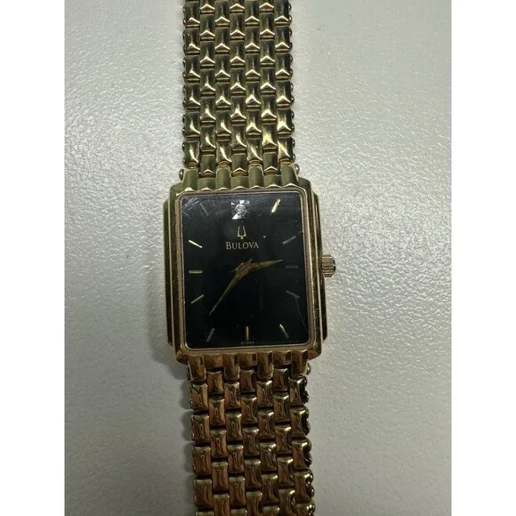 Bulova Quartz A3 2003 Stainless Steel Gold Tone Watch BLACK DIAL w diamond
