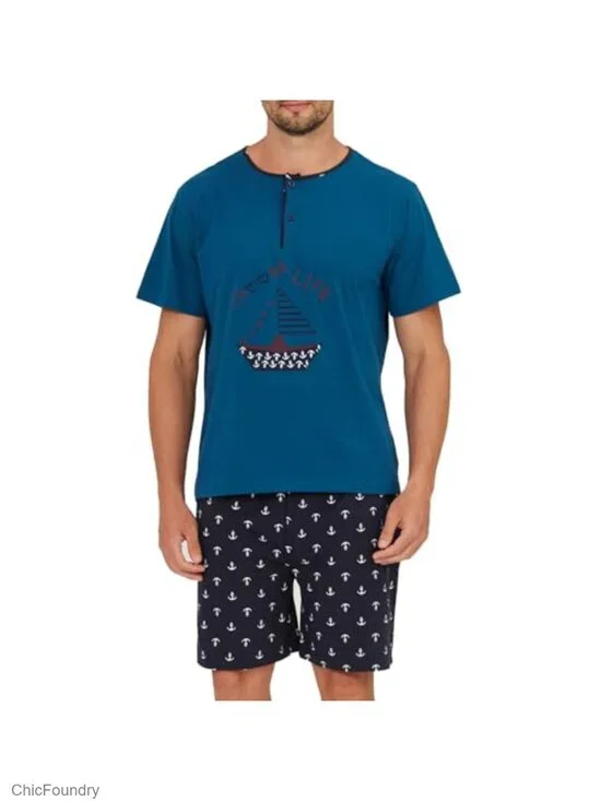 Mens Cotton Henley Pajama Set Short Sleeve T-Shirt & Shorts Sleepwear