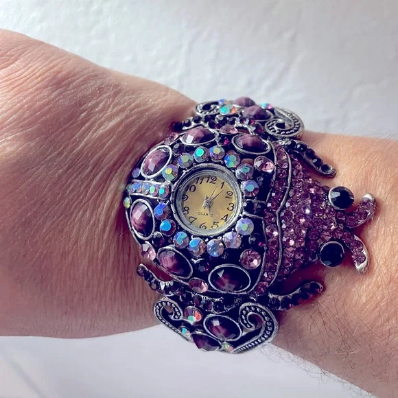 Bling rhinestone vintage watch lady bug in purple fit m to large
