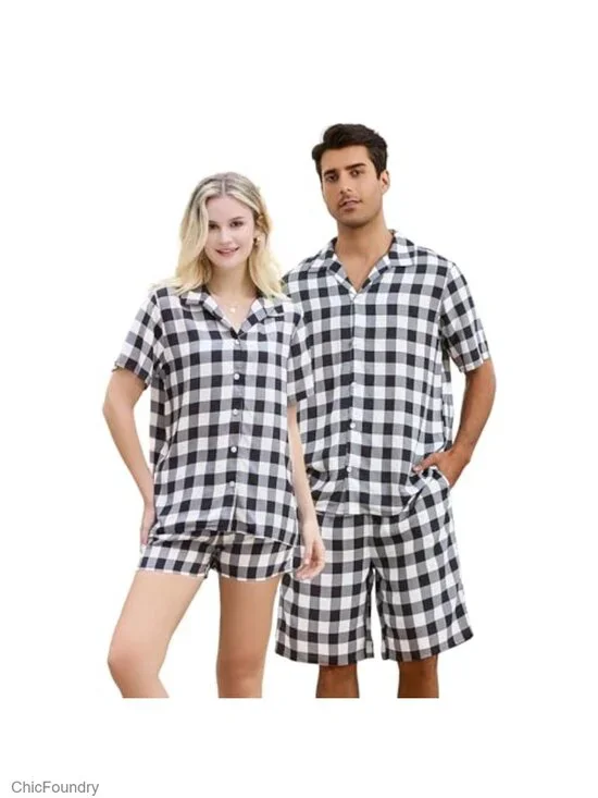 Matching Pajama Set for Couples Plaid Button Down Sleepwear with Pockets