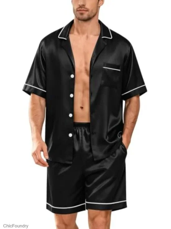 Silk Satin Pajama Set for Men - Short Sleeve 2 Piece Button Down Sleepwear with